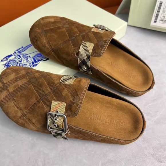 Burberry Brown Suede Loafers with Plaid Strap